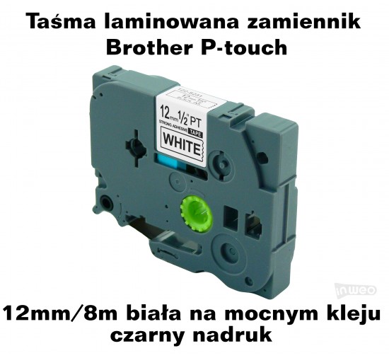 Taśma zamiennik do Brother 12mm/8m biała na mocnym kleju czarny nadruk TZ2-S231 Produkty