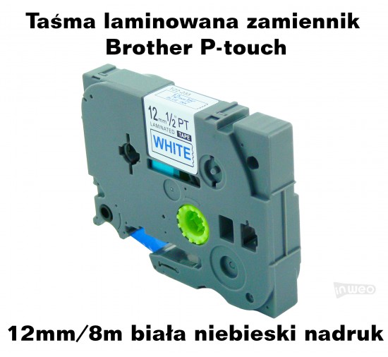 Taśma laminowana Brother P-touch TZ - 12mm/8m biała niebieski nadruk TZ2-233 Produkty